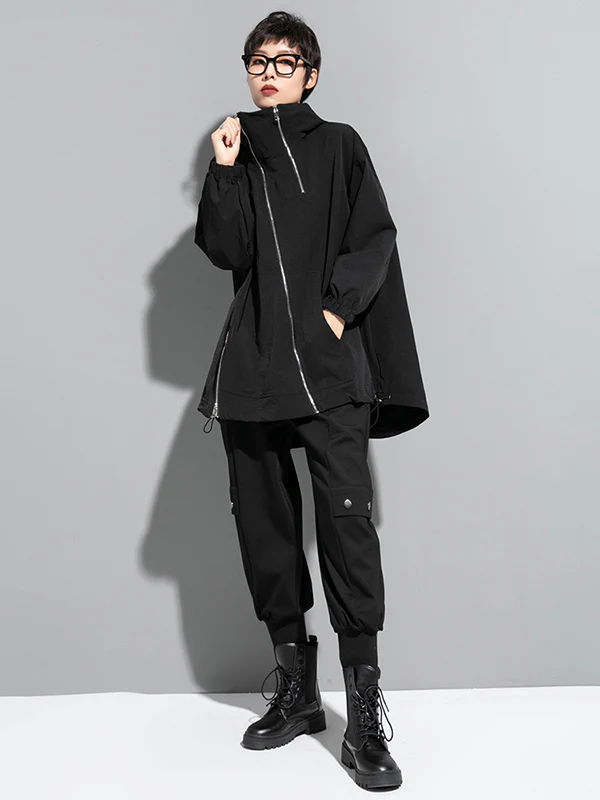 Fashion Irregularity Loose Solid Color Zipper Hooded Outerwear - Image 14