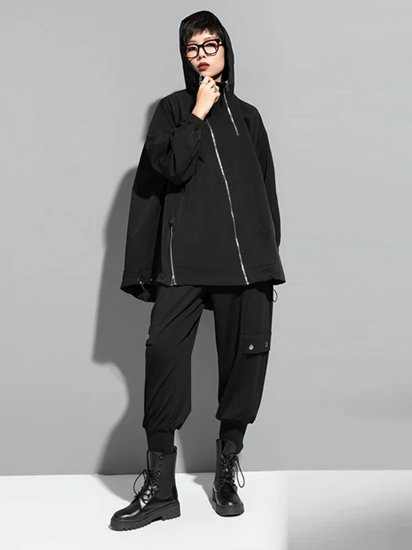 Fashion Irregularity Loose Solid Color Zipper Hooded Outerwear - Image 15