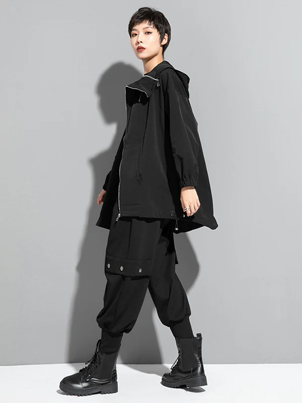Fashion Irregularity Loose Solid Color Zipper Hooded Outerwear - Image 16