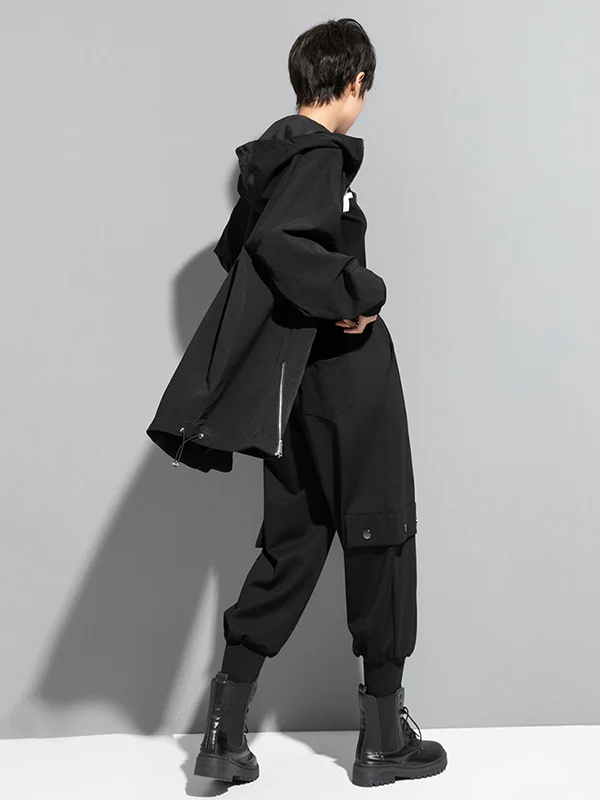 Fashion Irregularity Loose Solid Color Zipper Hooded Outerwear - Image 17