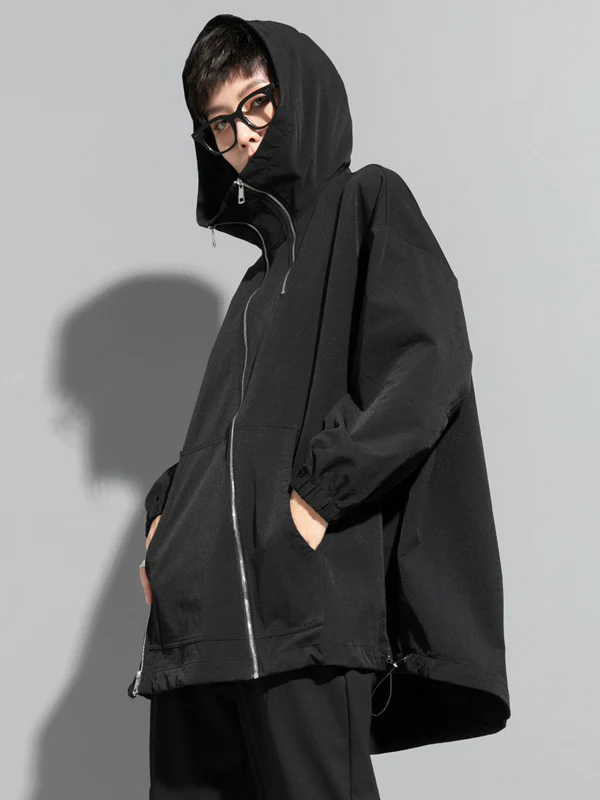 Fashion Irregularity Loose Solid Color Zipper Hooded Outerwear - Image 2