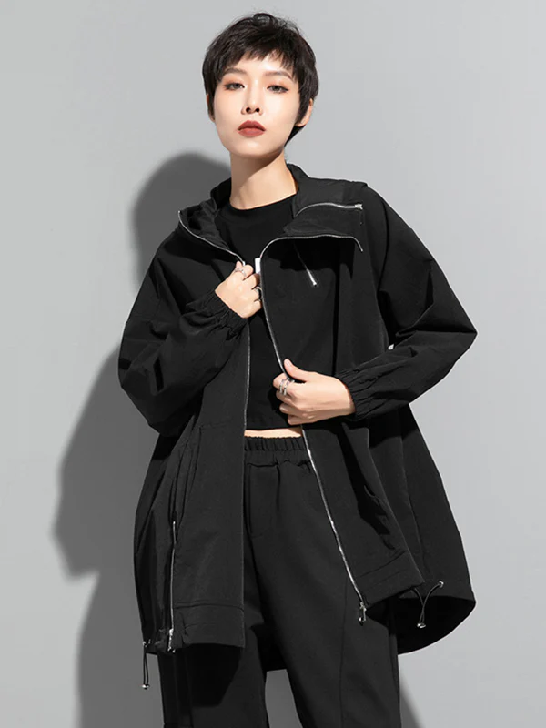 Fashion Irregularity Loose Solid Color Zipper Hooded Outerwear - Image 3