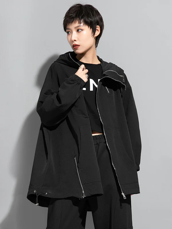 Fashion Irregularity Loose Solid Color Zipper Hooded Outerwear - Image 4