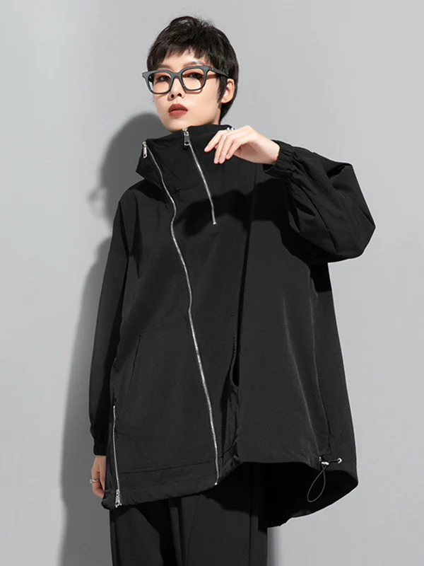 Fashion Irregularity Loose Solid Color Zipper Hooded Outerwear - Image 5