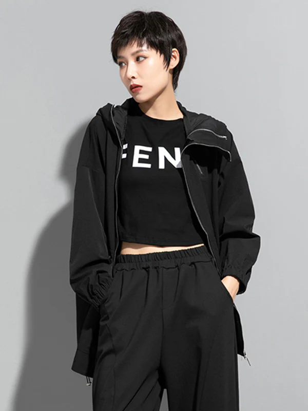 Fashion Irregularity Loose Solid Color Zipper Hooded Outerwear - Image 6