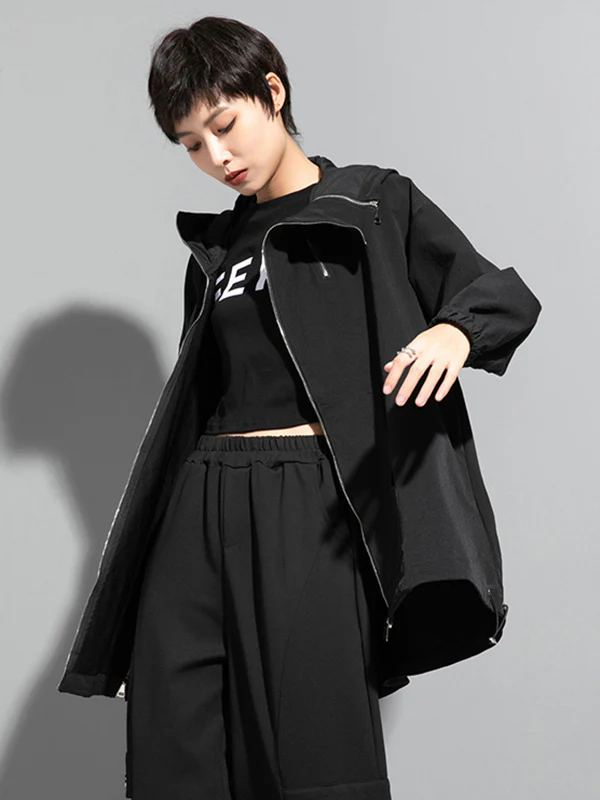 Fashion Irregularity Loose Solid Color Zipper Hooded Outerwear - Image 7