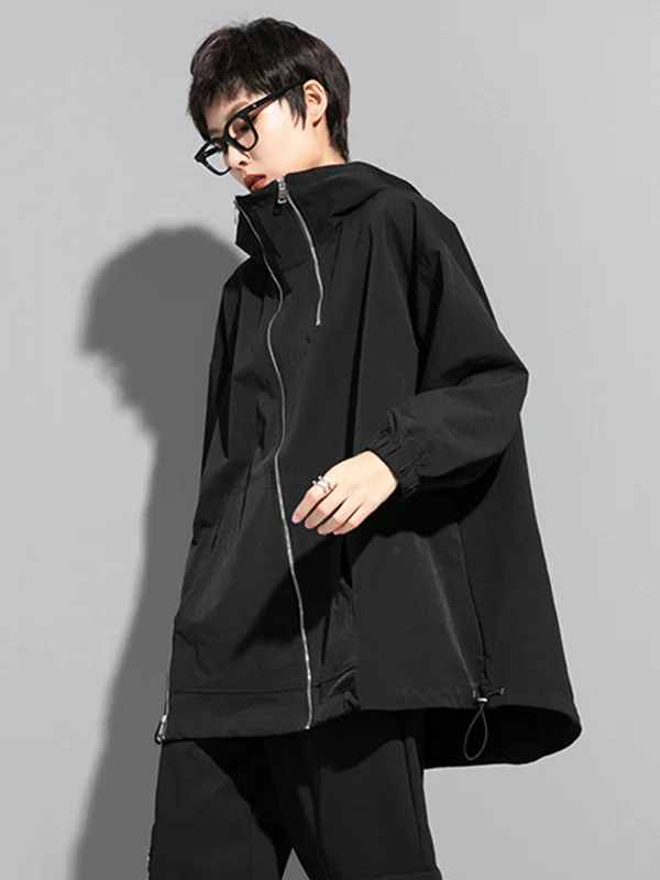Fashion Irregularity Loose Solid Color Zipper Hooded Outerwear - Image 8