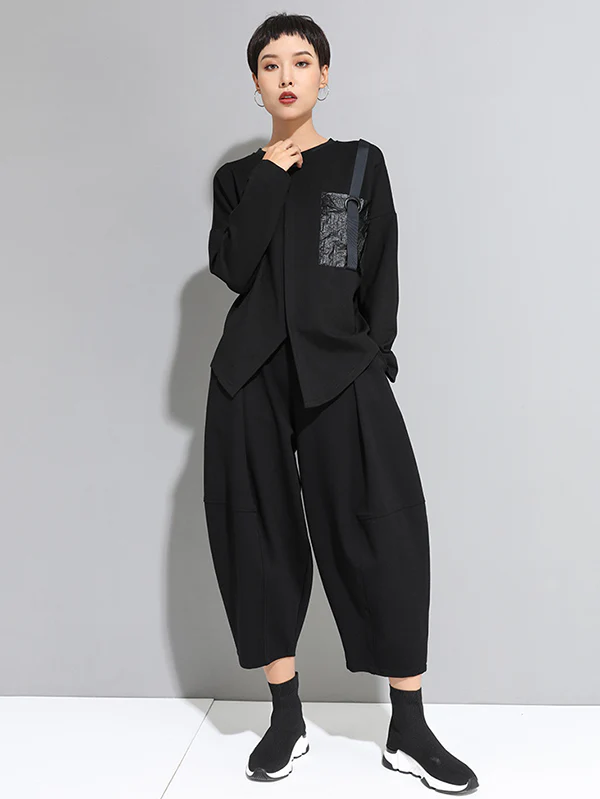 Fashion Loose Long Sleeves Split-Front Round-Neck T-Shirts Tops - Image 12