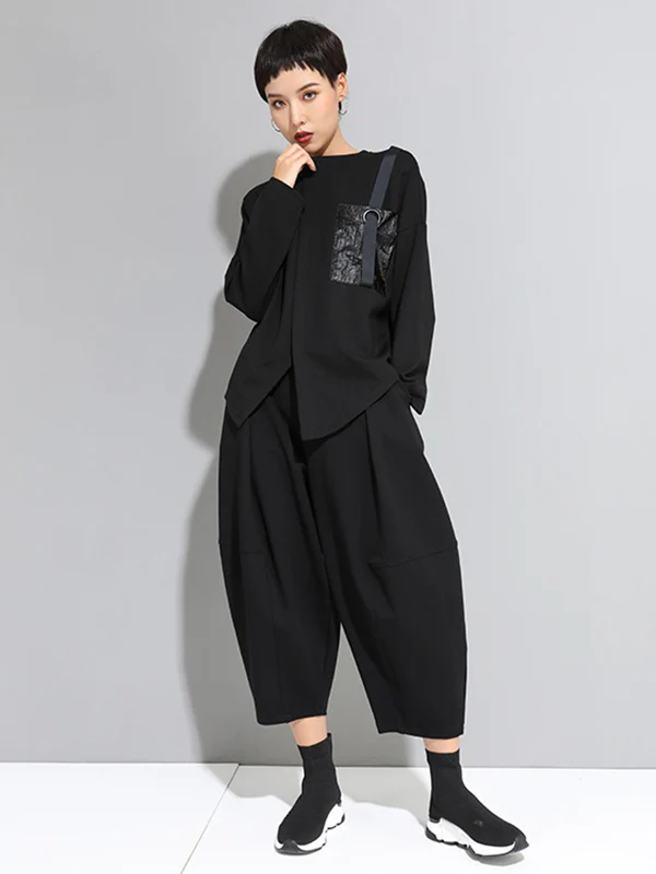 Fashion Loose Long Sleeves Split-Front Round-Neck T-Shirts Tops - Image 13