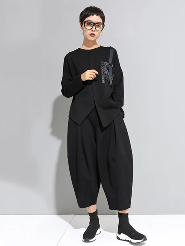 Fashion Loose Long Sleeves Split-Front Round-Neck T-Shirts Tops - Image 19