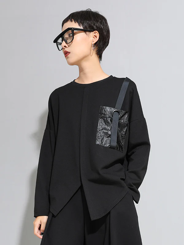 Fashion Loose Long Sleeves Split-Front Round-Neck T-Shirts Tops - Image 2