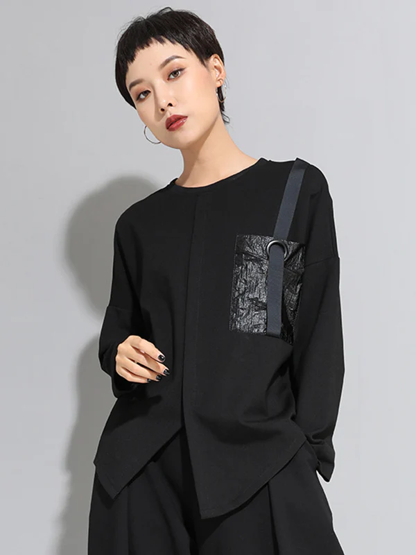 Fashion Loose Long Sleeves Split-Front Round-Neck T-Shirts Tops - Image 3