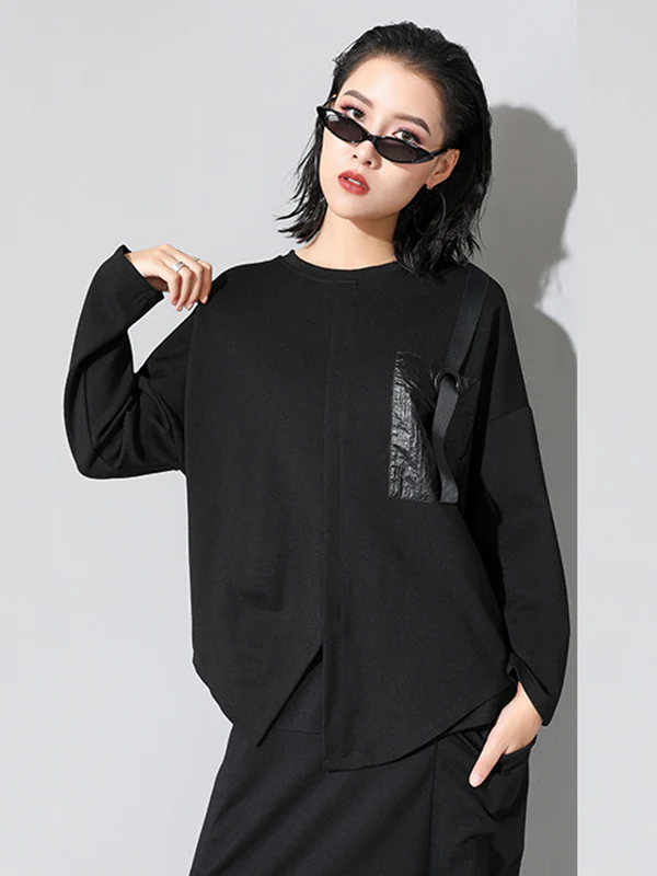 Fashion Loose Long Sleeves Split-Front Round-Neck T-Shirts Tops - Image 4