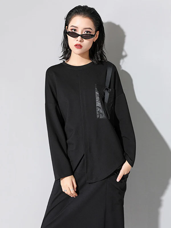 Fashion Loose Long Sleeves Split-Front Round-Neck T-Shirts Tops - Image 7