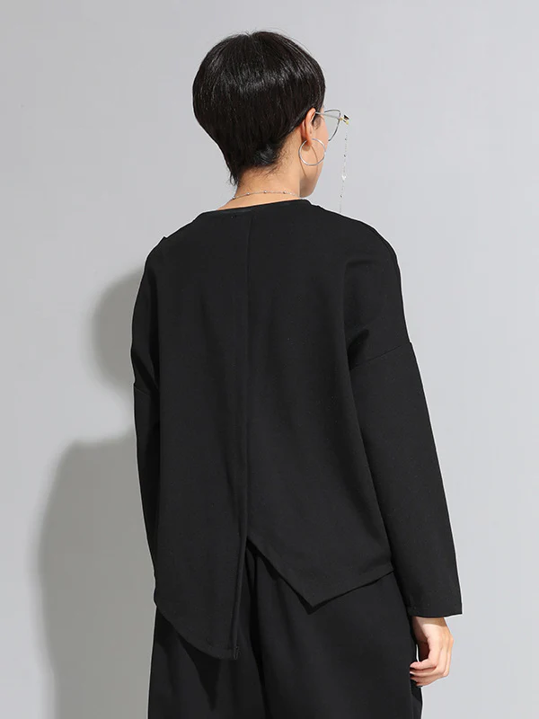 Fashion Loose Long Sleeves Split-Front Round-Neck T-Shirts Tops - Image 9