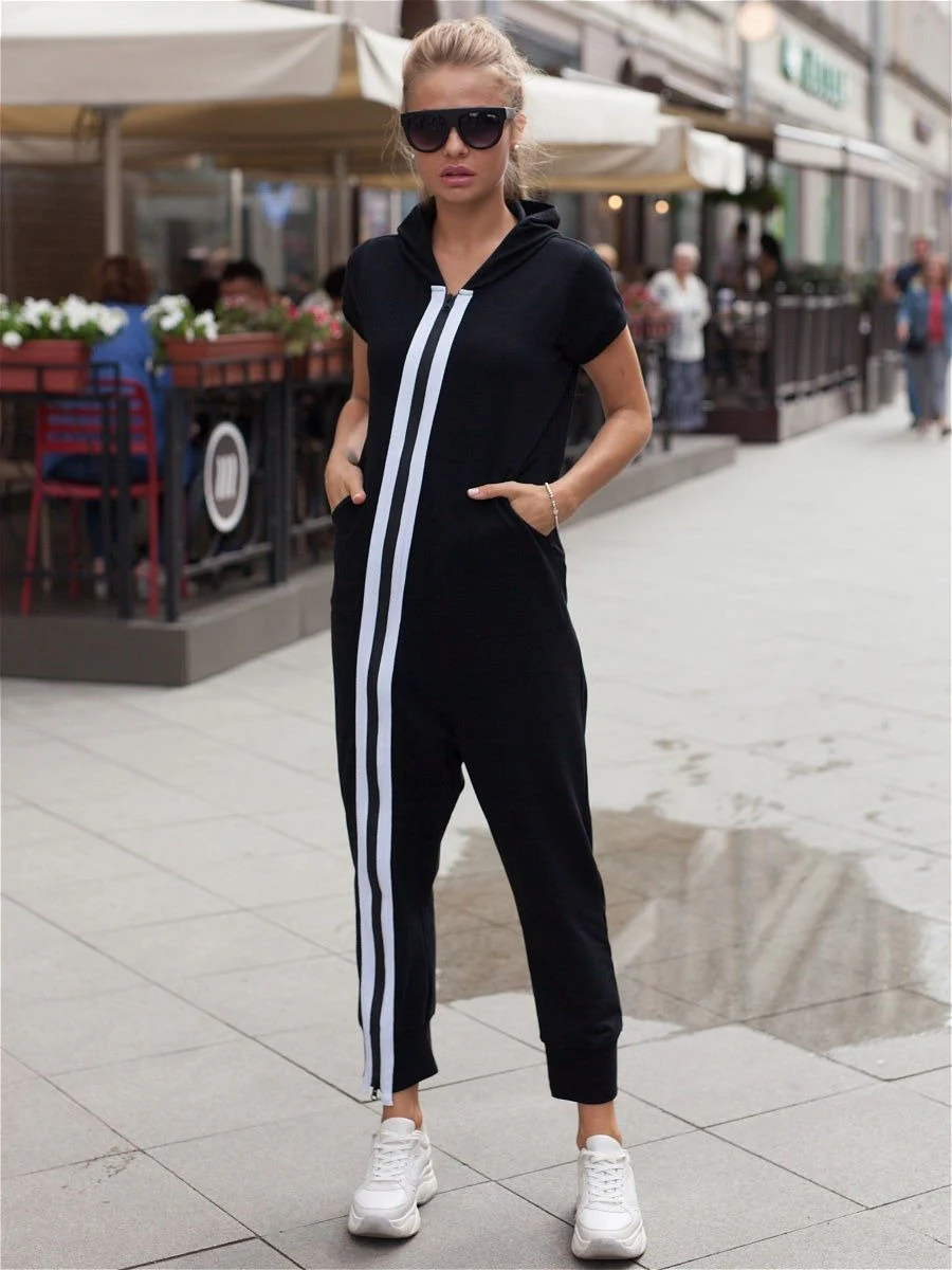 Fashion Stripes Zipper Hooded Jumpsuits - Image 2