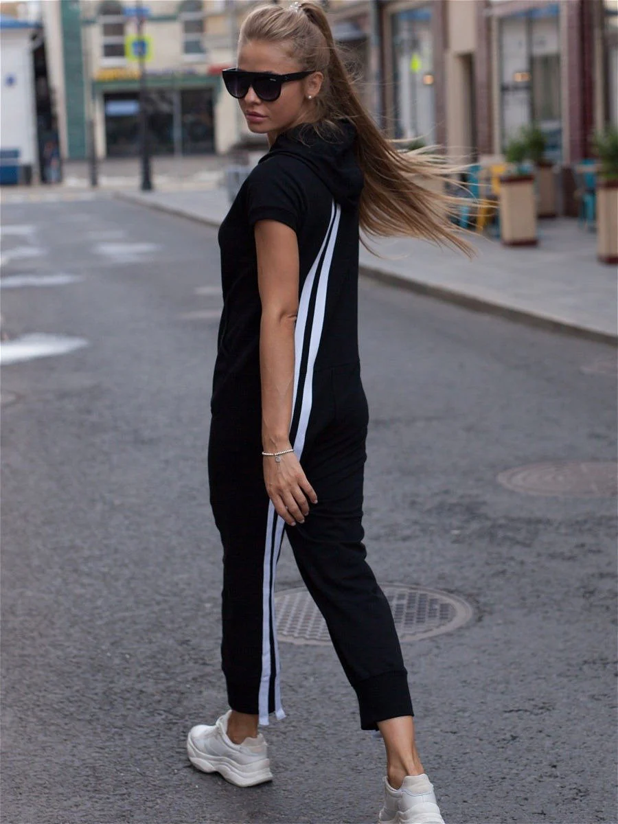 Fashion Stripes Zipper Hooded Jumpsuits - Image 3