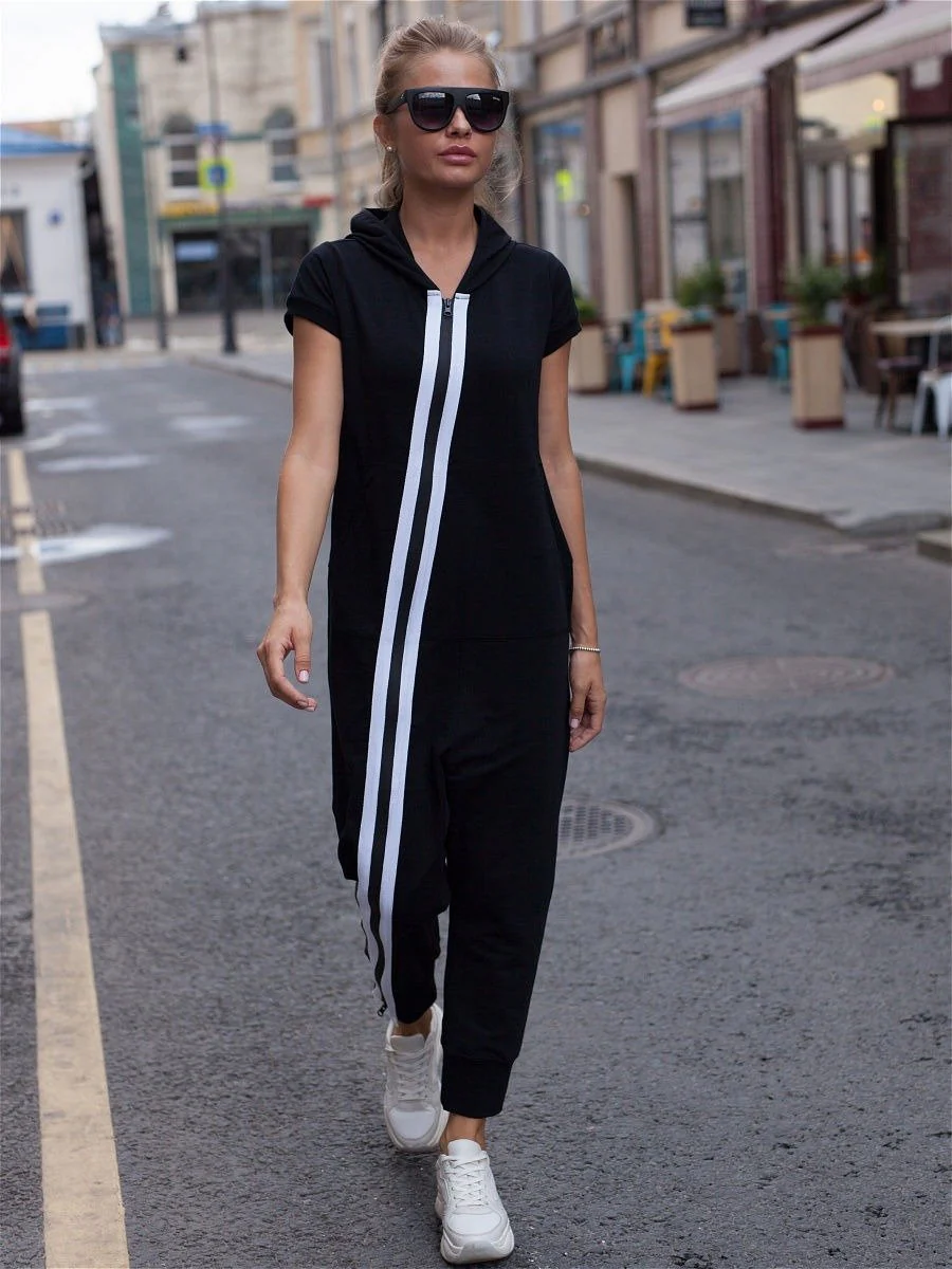 Fashion Stripes Zipper Hooded Jumpsuits - Image 4
