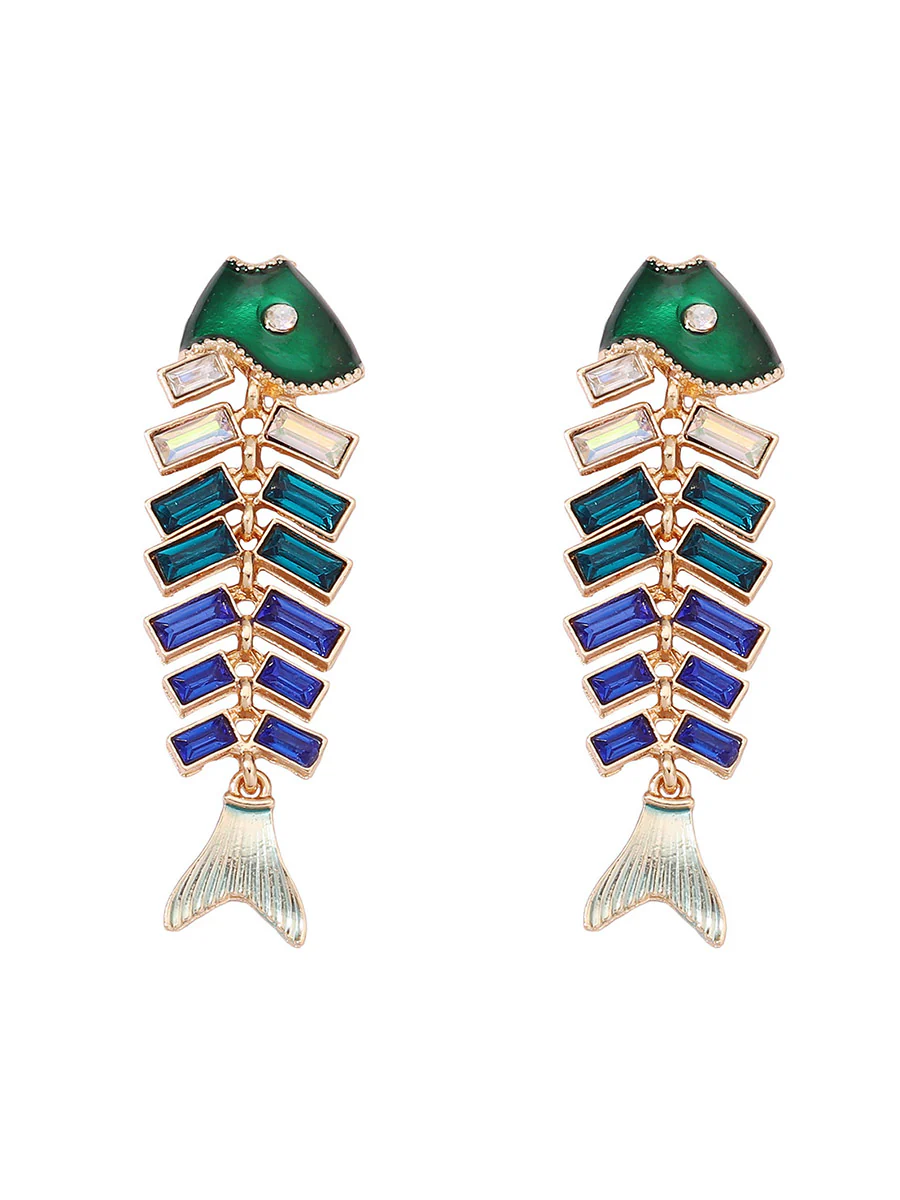 Fish Bones Rhine Stones Shiny Earrings Accessories - Image 2