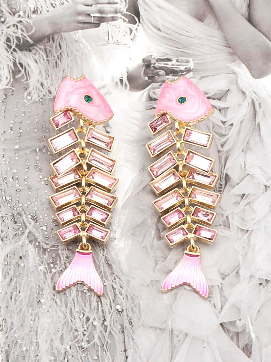Fish Bones Rhine Stones Shiny Earrings Accessories - Image 3