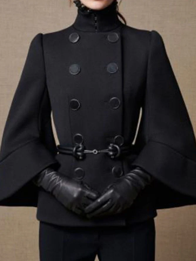 Flared Buttoned Solid Color High Neck Jackets&Coats Outerwear Woolen Coat - Image 2