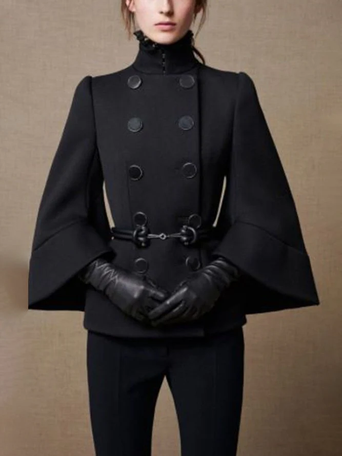 Flared Buttoned Solid Color High Neck Jackets&Coats Outerwear Woolen Coat - Image 3