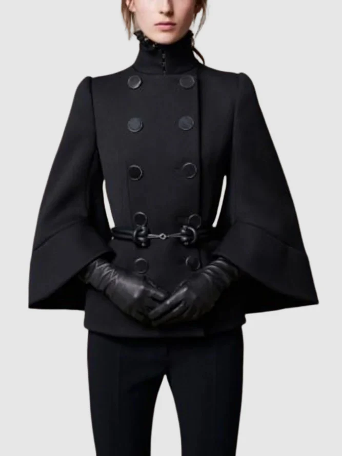 Flared Buttoned Solid Color High Neck Jackets&Coats Outerwear Woolen Coat - Image 4