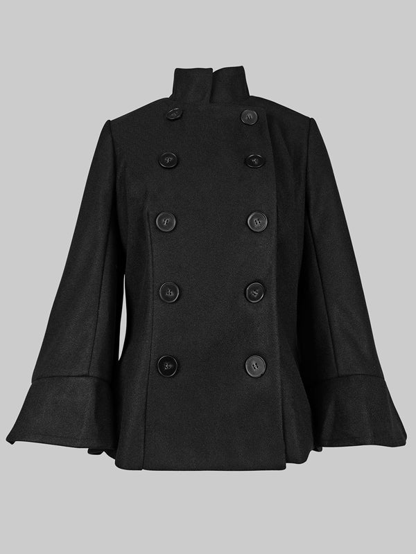Flared Buttoned Solid Color High Neck Jackets&Coats Outerwear Woolen Coat - Image 5