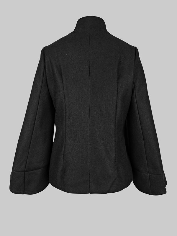 Flared Buttoned Solid Color High Neck Jackets&Coats Outerwear Woolen Coat - Image 6