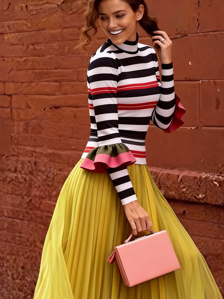 Long Sleeves Skinny Contrast Color Ruffled Split-Joint Striped Half Turtleneck Blouses&Shirts Tops - Image 10