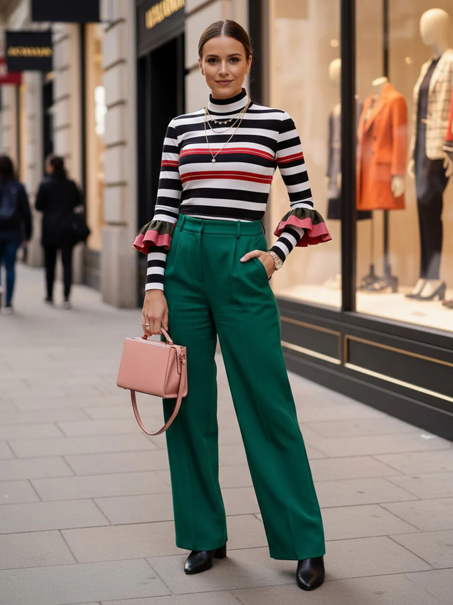 Long Sleeves Skinny Contrast Color Ruffled Split-Joint Striped Half Turtleneck Blouses&Shirts Tops - Image 3