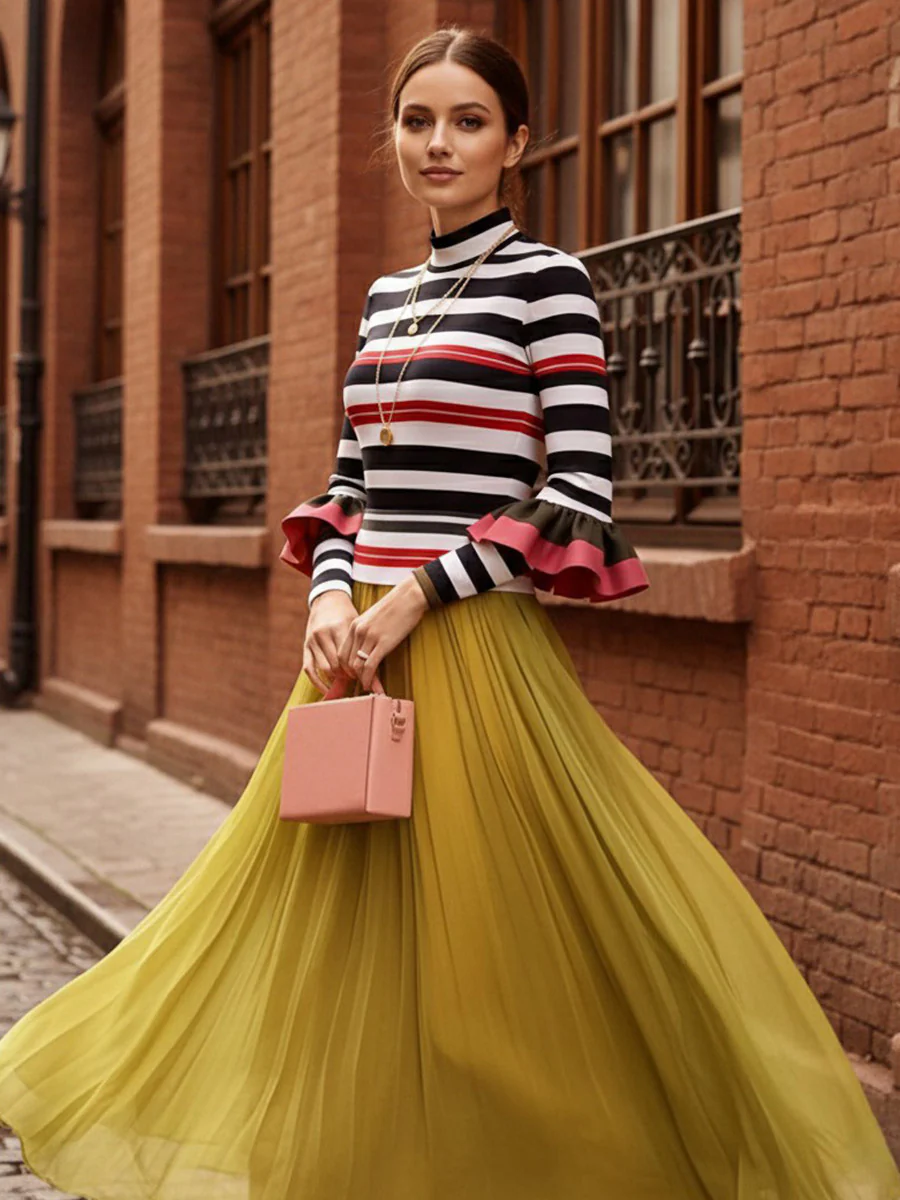 Long Sleeves Skinny Contrast Color Ruffled Split-Joint Striped Half Turtleneck Blouses&Shirts Tops - Image 5