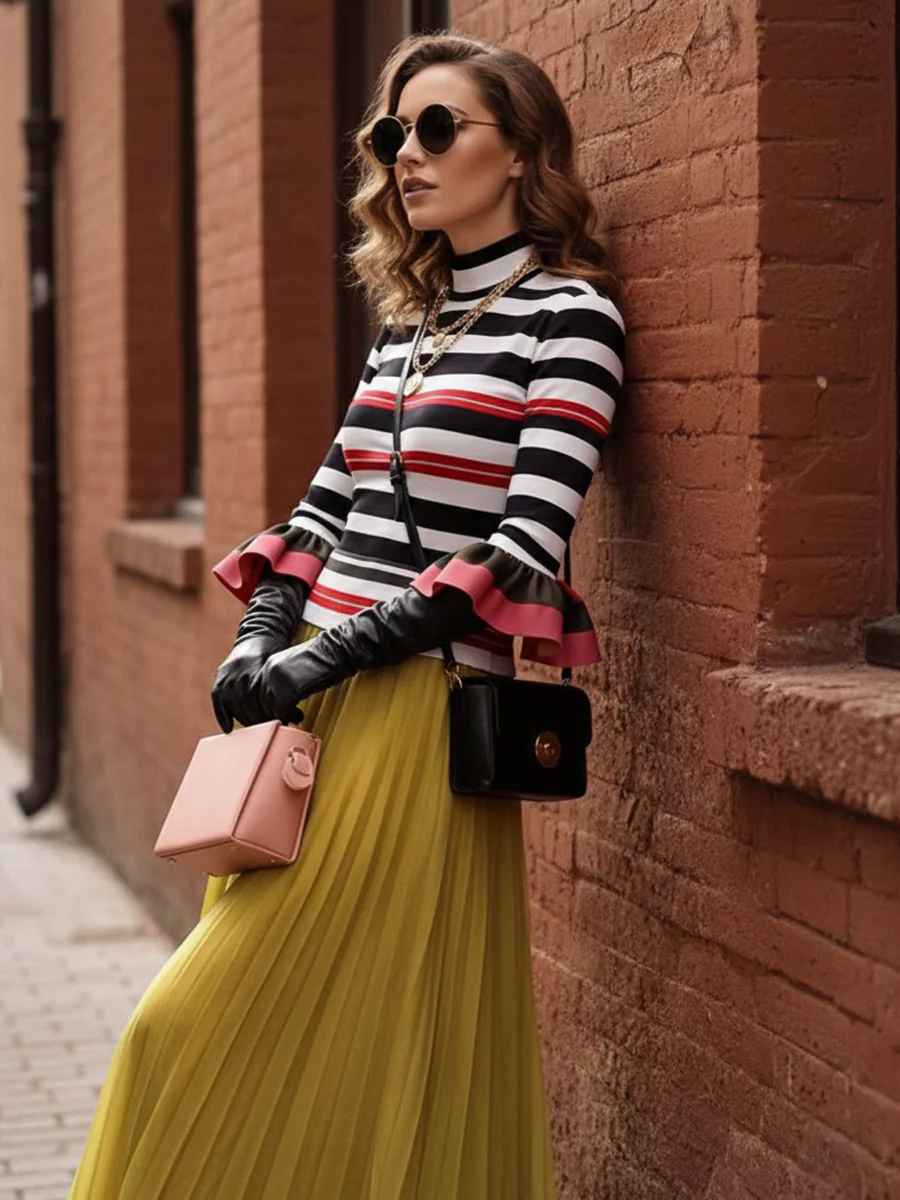 Long Sleeves Skinny Contrast Color Ruffled Split-Joint Striped Half Turtleneck Blouses&Shirts Tops - Image 7