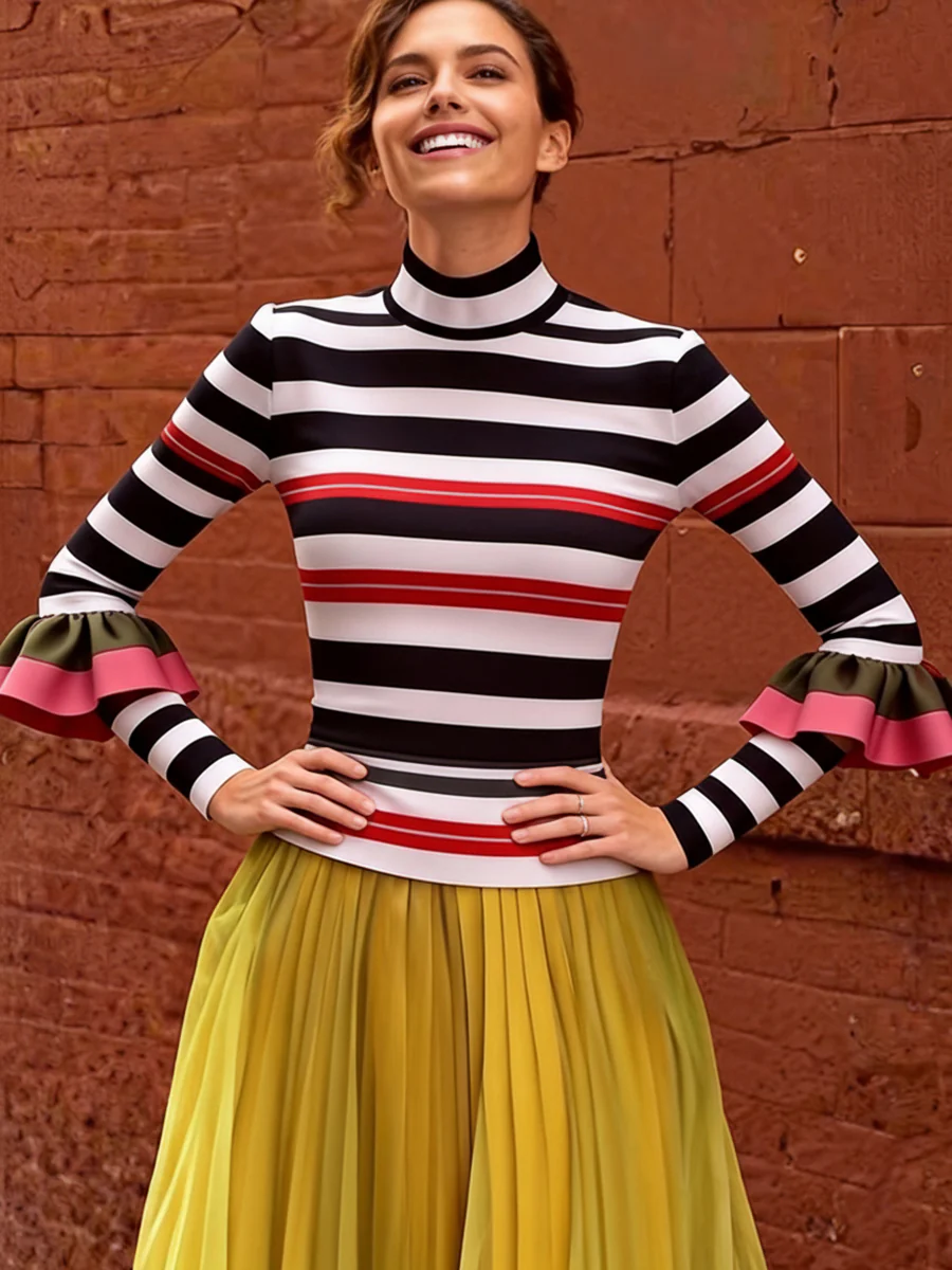 Long Sleeves Skinny Contrast Color Ruffled Split-Joint Striped Half Turtleneck Blouses&Shirts Tops - Image 8