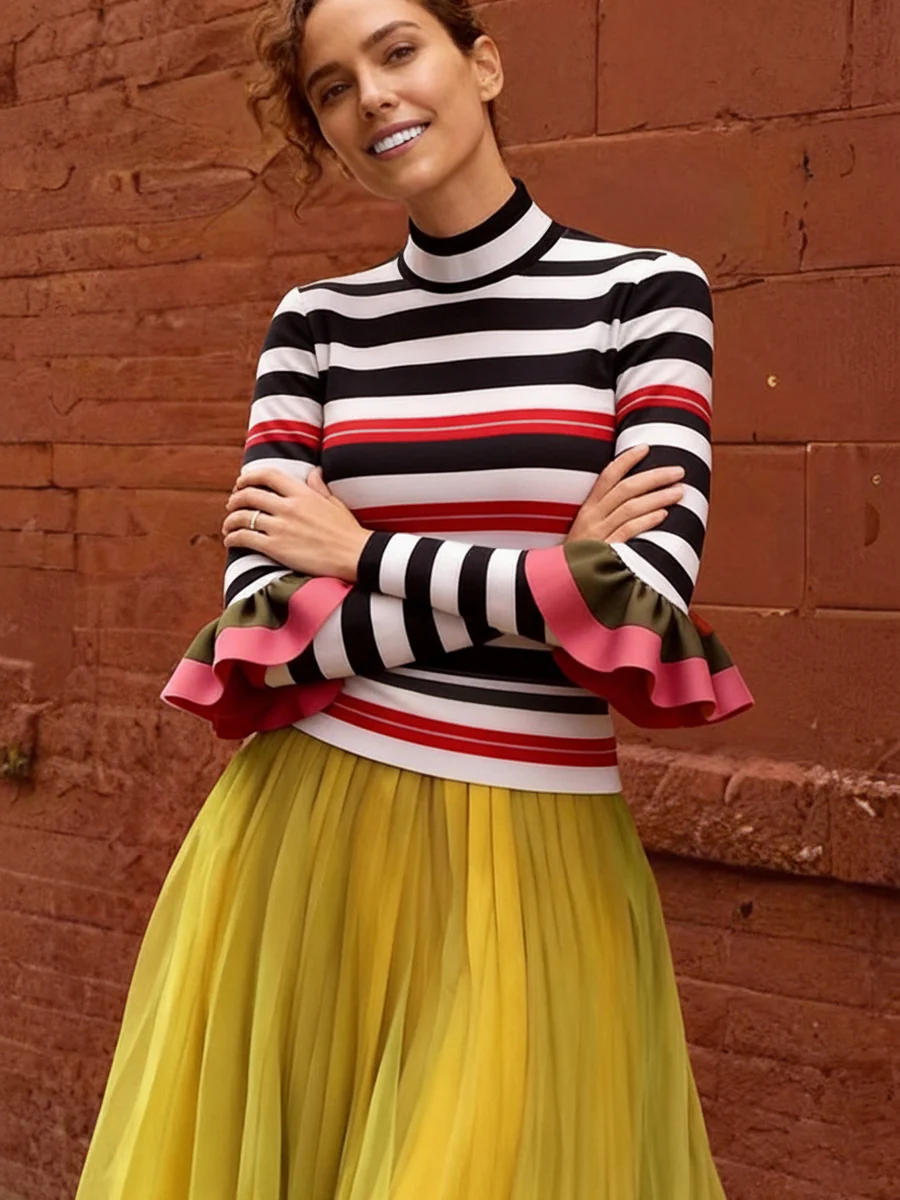 Long Sleeves Skinny Contrast Color Ruffled Split-Joint Striped Half Turtleneck Blouses&Shirts Tops - Image 9
