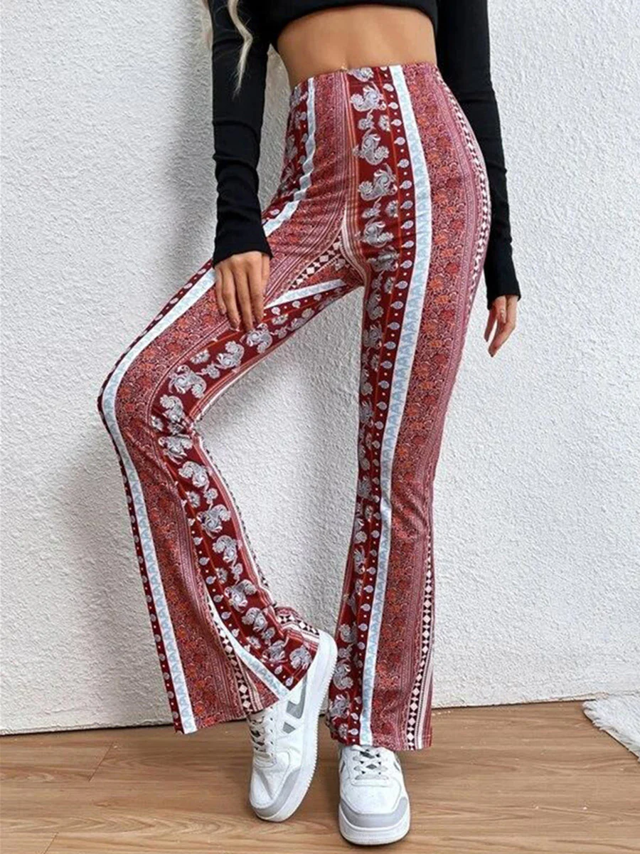 Flared Pants High Waisted Contrast Color Printed Split-Joint Pants - Image 2