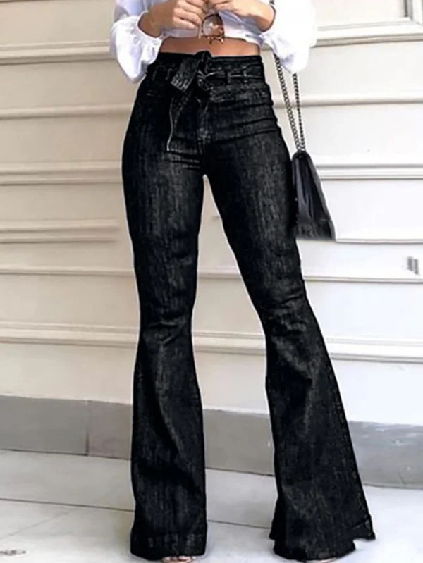 Flared Pants High Waisted Solid Color Tied Waist Jean Pants Bottoms - Image 2