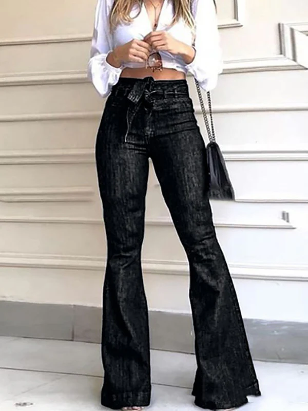 Flared Pants High Waisted Solid Color Tied Waist Jean Pants Bottoms - Image 3