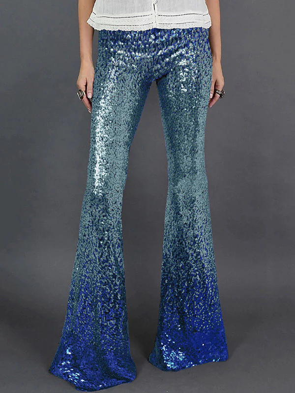 Flared Pants Skinny Leg Contrast Color Gradient Sequined Shiny Pants Bottoms - Image 2