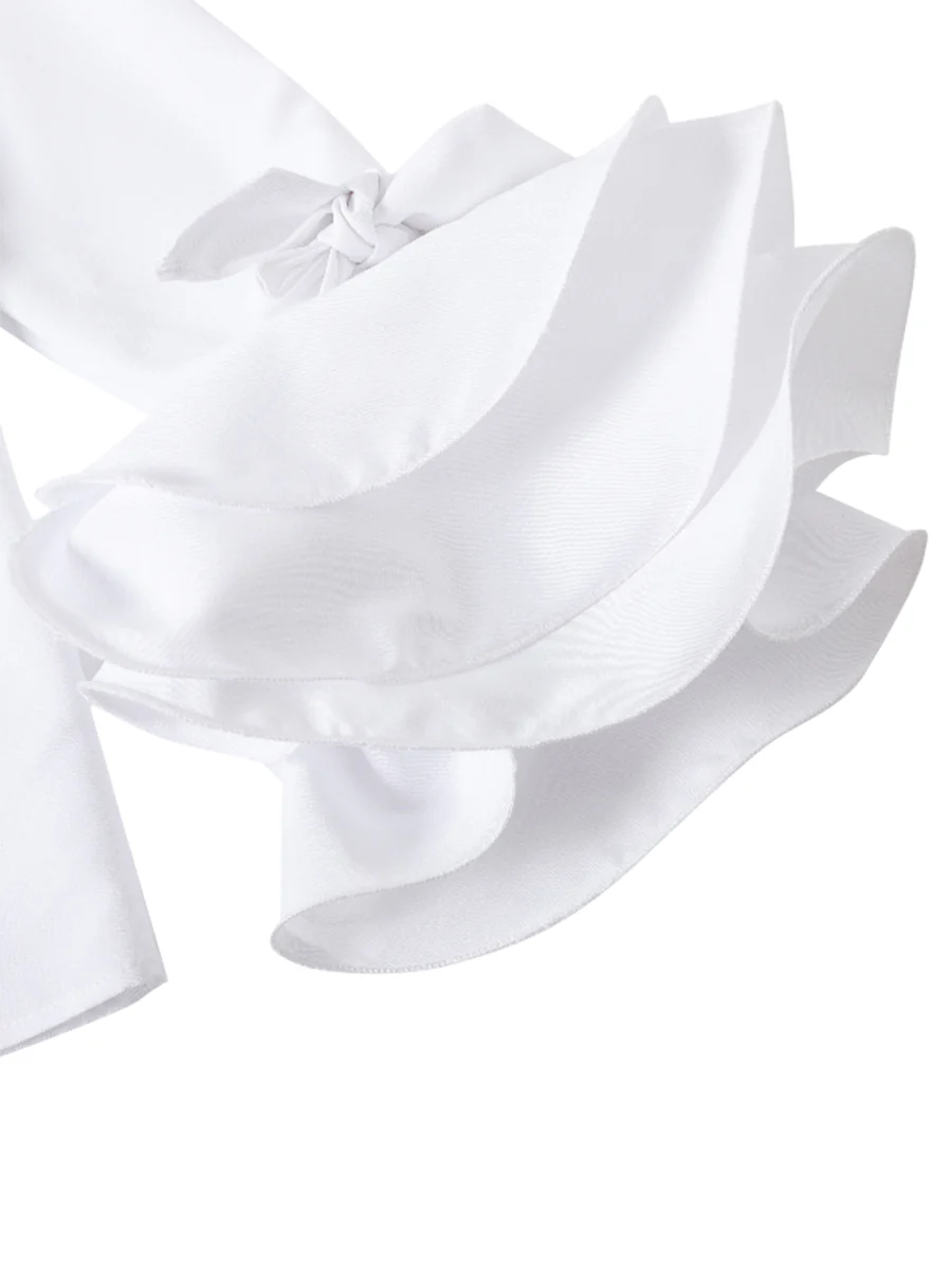 Flared Sleeves Bow-Embellished Falbala Solid Color Lapel Blouses&Shirts Tops - Image 12