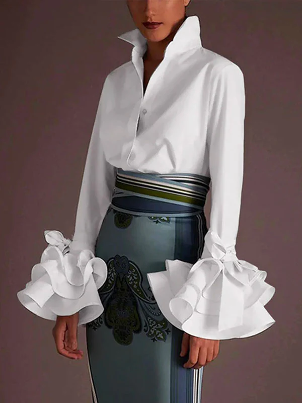 Flared Sleeves Bow-Embellished Falbala Solid Color Lapel Blouses&Shirts Tops - Image 2