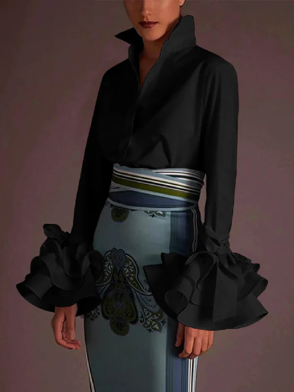 Flared Sleeves Bow-Embellished Falbala Solid Color Lapel Blouses&Shirts Tops - Image 3