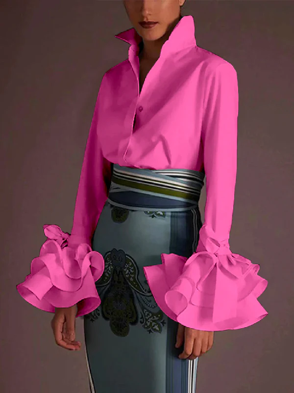 Flared Sleeves Bow-Embellished Falbala Solid Color Lapel Blouses&Shirts Tops - Image 4