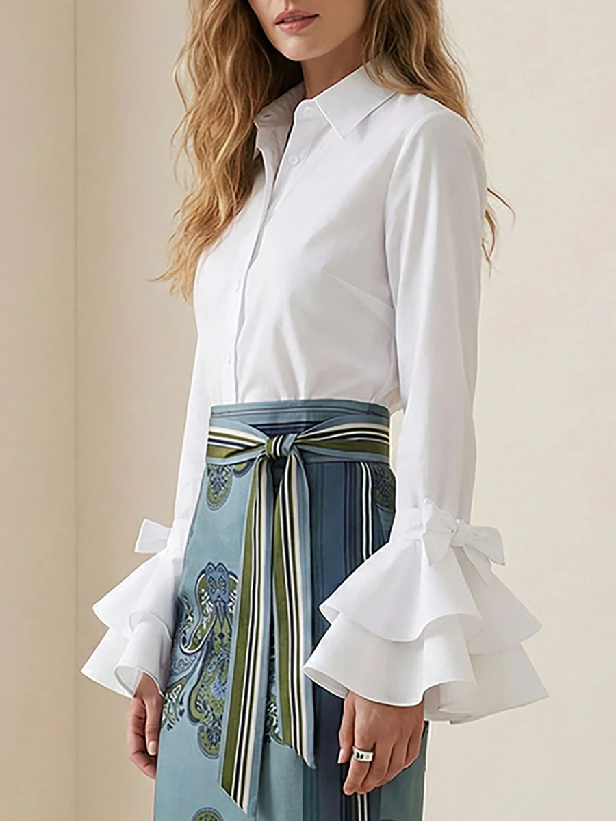 Flared Sleeves Bow-Embellished Falbala Solid Color Lapel Blouses&Shirts Tops - Image 6