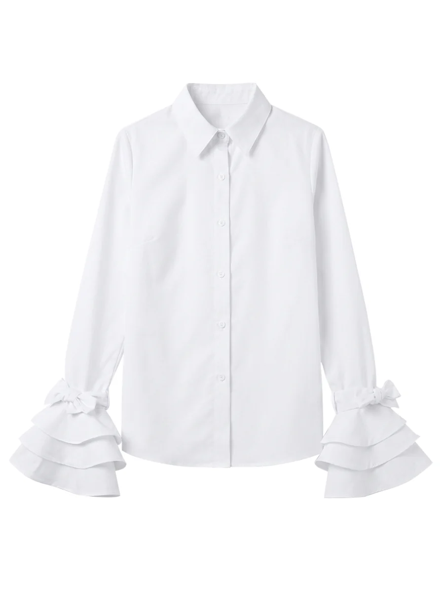 Flared Sleeves Bow-Embellished Falbala Solid Color Lapel Blouses&Shirts Tops - Image 7
