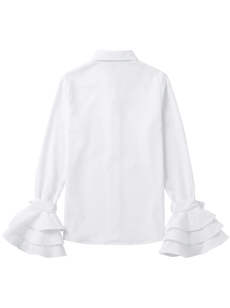 Flared Sleeves Bow-Embellished Falbala Solid Color Lapel Blouses&Shirts Tops - Image 8