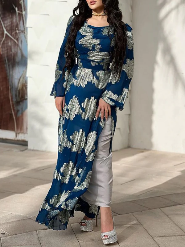 Flared Sleeves Floral Printed Split-side Evening Dresses Maxi Dresses - Image 2