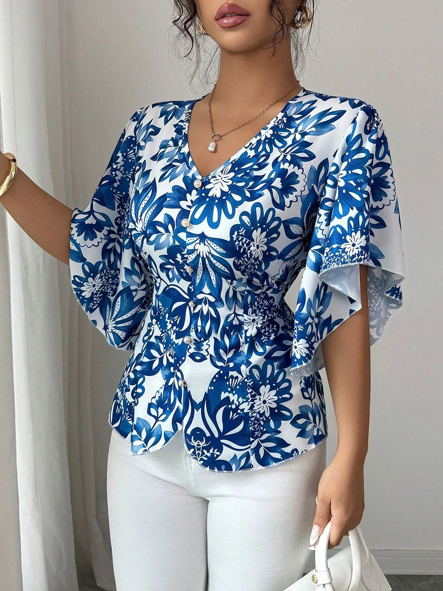 Flared Sleeves Half Sleeves Buttoned Contrast Color Flower Print Pleated V-Neck Blouses&Shirts Tops - Image 2