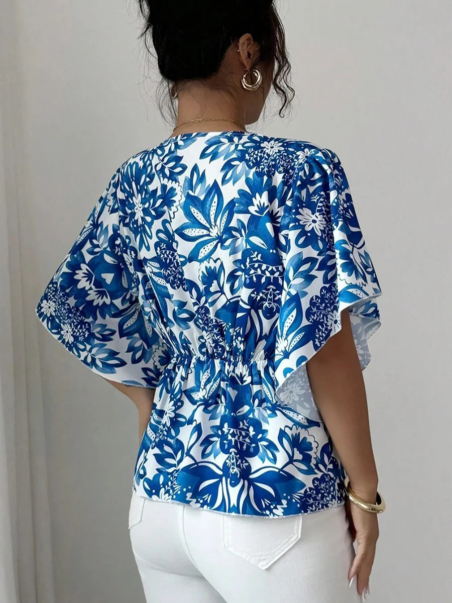 Flared Sleeves Half Sleeves Buttoned Contrast Color Flower Print Pleated V-Neck Blouses&Shirts Tops - Image 3