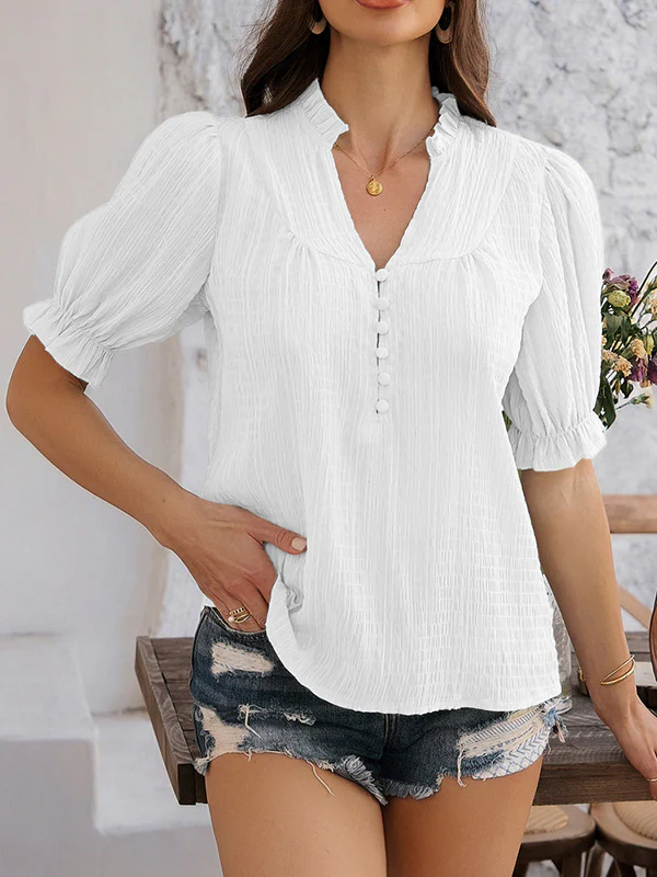 Flared Sleeves Half Sleeves Buttoned Ruffle Trim Solid Color V-Neck Blouses&Shirts Tops - Image 11